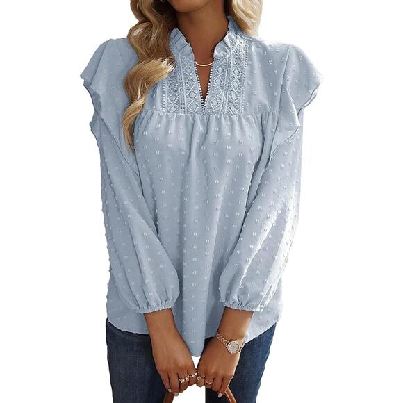 Blue Swiss Dot Ruffle Soft Girl Coquette Peasant Prairie Cottage‎ Sheer Blouse L - Picture 3 of 6